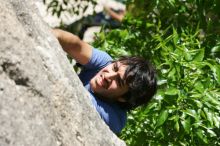 Javier Morales leading Nose Print on the Windshield (5.11c), shot from the top of Ack! (5.11b, but using the crack for the start instead) that I top roped up with my camera on my back.  It was another long day of rock climbing at Seismic Wall on Austin's Barton Creek Greenbelt, Sunday, April 5, 2009.

Filename: SRM_20090405_13334372.jpg
Aperture: f/8.0
Shutter Speed: 1/500
Body: Canon EOS-1D Mark II
Lens: Canon EF 80-200mm f/2.8 L