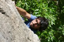 Javier Morales leading Nose Print on the Windshield (5.11c), shot from the top of Ack! (5.11b, but using the crack for the start instead) that I top roped up with my camera on my back.  It was another long day of rock climbing at Seismic Wall on Austin's Barton Creek Greenbelt, Sunday, April 5, 2009.

Filename: SRM_20090405_13334775.jpg
Aperture: f/9.0
Shutter Speed: 1/500
Body: Canon EOS-1D Mark II
Lens: Canon EF 80-200mm f/2.8 L