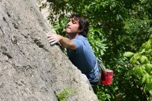 Javier Morales leading Nose Print on the Windshield (5.11c), shot from the top of Ack! (5.11b, but using the crack for the start instead) that I top roped up with my camera on my back.  It was another long day of rock climbing at Seismic Wall on Austin's Barton Creek Greenbelt, Sunday, April 5, 2009.

Filename: SRM_20090405_13335780.jpg
Aperture: f/9.0
Shutter Speed: 1/500
Body: Canon EOS-1D Mark II
Lens: Canon EF 80-200mm f/2.8 L