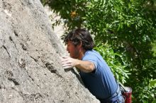 Javier Morales leading Nose Print on the Windshield (5.11c), shot from the top of Ack! (5.11b, but using the crack for the start instead) that I top roped up with my camera on my back.  It was another long day of rock climbing at Seismic Wall on Austin's Barton Creek Greenbelt, Sunday, April 5, 2009.

Filename: SRM_20090405_13335881.jpg
Aperture: f/8.0
Shutter Speed: 1/500
Body: Canon EOS-1D Mark II
Lens: Canon EF 80-200mm f/2.8 L