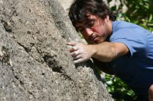 Javier Morales leading Nose Print on the Windshield (5.11c), shot from the top of Ack! (5.11b, but using the crack for the start instead) that I top roped up with my camera on my back.  It was another long day of rock climbing at Seismic Wall on Austin's Barton Creek Greenbelt, Sunday, April 5, 2009.

Filename: SRM_20090405_13340083.jpg
Aperture: f/11.0
Shutter Speed: 1/500
Body: Canon EOS-1D Mark II
Lens: Canon EF 80-200mm f/2.8 L