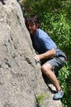 Javier Morales leading Nose Print on the Windshield (5.11c), shot from the top of Ack! (5.11b, but using the crack for the start instead) that I top roped up with my camera on my back.  It was another long day of rock climbing at Seismic Wall on Austin's Barton Creek Greenbelt, Sunday, April 5, 2009.

Filename: SRM_20090405_13342094.jpg
Aperture: f/9.0
Shutter Speed: 1/500
Body: Canon EOS-1D Mark II
Lens: Canon EF 80-200mm f/2.8 L