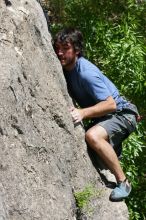 Javier Morales leading Nose Print on the Windshield (5.11c), shot from the top of Ack! (5.11b, but using the crack for the start instead) that I top roped up with my camera on my back.  It was another long day of rock climbing at Seismic Wall on Austin's Barton Creek Greenbelt, Sunday, April 5, 2009.

Filename: SRM_20090405_13342095.jpg
Aperture: f/10.0
Shutter Speed: 1/500
Body: Canon EOS-1D Mark II
Lens: Canon EF 80-200mm f/2.8 L