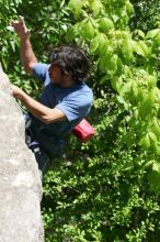 Javier Morales leading Nose Print on the Windshield (5.11c), shot from the top of Ack! (5.11b, but using the crack for the start instead) that I top roped up with my camera on my back.  It was another long day of rock climbing at Seismic Wall on Austin's Barton Creek Greenbelt, Sunday, April 5, 2009.

Filename: SRM_20090405_13342902.jpg
Aperture: f/7.1
Shutter Speed: 1/500
Body: Canon EOS-1D Mark II
Lens: Canon EF 80-200mm f/2.8 L