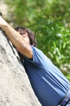 Javier Morales leading Nose Print on the Windshield (5.11c), shot from the top of Ack! (5.11b, but using the crack for the start instead) that I top roped up with my camera on my back.  It was another long day of rock climbing at Seismic Wall on Austin's Barton Creek Greenbelt, Sunday, April 5, 2009.

Filename: SRM_20090405_13371615.jpg
Aperture: f/5.6
Shutter Speed: 1/500
Body: Canon EOS-1D Mark II
Lens: Canon EF 80-200mm f/2.8 L