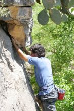 Javier Morales leading Nose Print on the Windshield (5.11c), shot from the top of Ack! (5.11b, but using the crack for the start instead) that I top roped up with my camera on my back.  It was another long day of rock climbing at Seismic Wall on Austin's Barton Creek Greenbelt, Sunday, April 5, 2009.

Filename: SRM_20090405_13373519.jpg
Aperture: f/5.6
Shutter Speed: 1/500
Body: Canon EOS-1D Mark II
Lens: Canon EF 80-200mm f/2.8 L