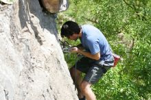 Javier Morales leading Nose Print on the Windshield (5.11c), shot from the top of Ack! (5.11b, but using the crack for the start instead) that I top roped up with my camera on my back.  It was another long day of rock climbing at Seismic Wall on Austin's Barton Creek Greenbelt, Sunday, April 5, 2009.

Filename: SRM_20090405_13383921.jpg
Aperture: f/5.6
Shutter Speed: 1/500
Body: Canon EOS-1D Mark II
Lens: Canon EF 80-200mm f/2.8 L