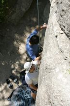 Me preparing to top rope Lick the Window (5.10c), shot (by Andrew Dreher) from the top of Ack! (5.11b, but using the crack for the start instead) that I top roped up with my camera on my back.  It was another long day of rock climbing at Seismic Wall on Austin's Barton Creek Greenbelt, Sunday, April 5, 2009.

Filename: SRM_20090405_14353725.jpg
Aperture: f/7.1
Shutter Speed: 1/500
Body: Canon EOS-1D Mark II
Lens: Canon EF 80-200mm f/2.8 L