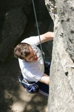 Me top roping Lick the Window (5.10c), shot (by Andrew Dreher) from the top of Ack! (5.11b, but using the crack for the start instead) that I top roped up with my camera on my back.  It was another long day of rock climbing at Seismic Wall on Austin's Barton Creek Greenbelt, Sunday, April 5, 2009.

Filename: SRM_20090405_14392643.jpg
Aperture: f/8.0
Shutter Speed: 1/500
Body: Canon EOS-1D Mark II
Lens: Canon EF 80-200mm f/2.8 L