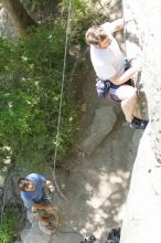 Me top roping Lick the Window (5.10c), shot (by Andrew Dreher) from the top of Ack! (5.11b, but using the crack for the start instead) that I top roped up with my camera on my back.  It was another long day of rock climbing at Seismic Wall on Austin's Barton Creek Greenbelt, Sunday, April 5, 2009.

Filename: SRM_20090405_14402653.jpg
Aperture: f/4.0
Shutter Speed: 1/500
Body: Canon EOS-1D Mark II
Lens: Canon EF 80-200mm f/2.8 L