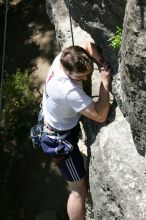 Me top roping Lick the Window (5.10c), shot (by Andrew Dreher) from the top of Ack! (5.11b, but using the crack for the start instead) that I top roped up with my camera on my back.  It was another long day of rock climbing at Seismic Wall on Austin's Barton Creek Greenbelt, Sunday, April 5, 2009.

Filename: SRM_20090405_14405658.jpg
Aperture: f/9.0
Shutter Speed: 1/500
Body: Canon EOS-1D Mark II
Lens: Canon EF 80-200mm f/2.8 L