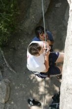 Me top roping Lick the Window (5.10c), shot (by Andrew Dreher) from the top of Ack! (5.11b, but using the crack for the start instead) that I top roped up with my camera on my back.  It was another long day of rock climbing at Seismic Wall on Austin's Barton Creek Greenbelt, Sunday, April 5, 2009.

Filename: SRM_20090405_14433176.jpg
Aperture: f/5.6
Shutter Speed: 1/500
Body: Canon EOS-1D Mark II
Lens: Canon EF 80-200mm f/2.8 L