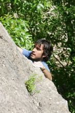 Javier Morales leading Nose Print on the Windshield (5.11c), shot from the top of Ack! (5.11b, but using the crack for the start instead) that I top roped up with my camera on my back.  It was another long day of rock climbing at Seismic Wall on Austin's Barton Creek Greenbelt, Sunday, April 5, 2009.

Filename: SRM_20090405_14560582.jpg
Aperture: f/8.0
Shutter Speed: 1/500
Body: Canon EOS-1D Mark II
Lens: Canon EF 80-200mm f/2.8 L