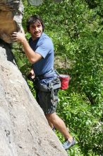 Javier Morales leading Nose Print on the Windshield (5.11c), shot from the top of Ack! (5.11b, but using the crack for the start instead) that I top roped up with my camera on my back.  It was another long day of rock climbing at Seismic Wall on Austin's Barton Creek Greenbelt, Sunday, April 5, 2009.

Filename: SRM_20090405_14563186.jpg
Aperture: f/8.0
Shutter Speed: 1/500
Body: Canon EOS-1D Mark II
Lens: Canon EF 80-200mm f/2.8 L