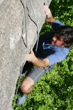 Javier Morales top rope climbing She's No Dog, She's My Wife (5.11b), shot from the top of Ack! (5.11b, but using the crack for the start instead) that I top roped up with my camera on my back.  It was another long day of rock climbing at Seismic Wall on Austin's Barton Creek Greenbelt, Sunday, April 5, 2009.

Filename: SRM_20090405_16173309.jpg
Aperture: f/10.0
Shutter Speed: 1/500
Body: Canon EOS-1D Mark II
Lens: Canon EF 80-200mm f/2.8 L