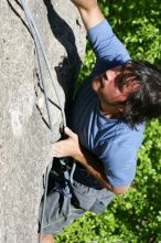 Javier Morales top rope climbing She's No Dog, She's My Wife (5.11b), shot from the top of Ack! (5.11b, but using the crack for the start instead) that I top roped up with my camera on my back.  It was another long day of rock climbing at Seismic Wall on Austin's Barton Creek Greenbelt, Sunday, April 5, 2009.

Filename: SRM_20090405_16173614.jpg
Aperture: f/9.0
Shutter Speed: 1/500
Body: Canon EOS-1D Mark II
Lens: Canon EF 80-200mm f/2.8 L