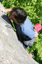 Javier Morales top rope climbing She's No Dog, She's My Wife (5.11b), shot from the top of Ack! (5.11b, but using the crack for the start instead) that I top roped up with my camera on my back.  It was another long day of rock climbing at Seismic Wall on Austin's Barton Creek Greenbelt, Sunday, April 5, 2009.

Filename: SRM_20090405_16181223.jpg
Aperture: f/8.0
Shutter Speed: 1/500
Body: Canon EOS-1D Mark II
Lens: Canon EF 80-200mm f/2.8 L