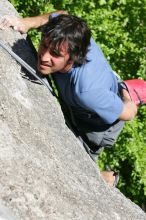 Javier Morales top rope climbing She's No Dog, She's My Wife (5.11b), shot from the top of Ack! (5.11b, but using the crack for the start instead) that I top roped up with my camera on my back.  It was another long day of rock climbing at Seismic Wall on Austin's Barton Creek Greenbelt, Sunday, April 5, 2009.

Filename: SRM_20090405_16181324.jpg
Aperture: f/9.0
Shutter Speed: 1/500
Body: Canon EOS-1D Mark II
Lens: Canon EF 80-200mm f/2.8 L