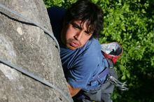 Javier Morales top rope climbing She's No Dog, She's My Wife (5.11b), shot from the top of Ack! (5.11b, but using the crack for the start instead) that I top roped up with my camera on my back.  It was another long day of rock climbing at Seismic Wall on Austin's Barton Creek Greenbelt, Sunday, April 5, 2009.

Filename: SRM_20090405_16481246.jpg
Aperture: f/9.0
Shutter Speed: 1/500
Body: Canon EOS-1D Mark II
Lens: Canon EF 80-200mm f/2.8 L