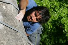 Javier Morales top rope climbing She's No Dog, She's My Wife (5.11b), shot from the top of Ack! (5.11b, but using the crack for the start instead) that I top roped up with my camera on my back.  It was another long day of rock climbing at Seismic Wall on Austin's Barton Creek Greenbelt, Sunday, April 5, 2009.

Filename: SRM_20090405_16481448.jpg
Aperture: f/8.0
Shutter Speed: 1/500
Body: Canon EOS-1D Mark II
Lens: Canon EF 80-200mm f/2.8 L