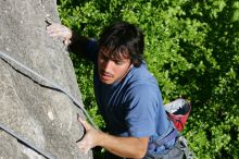 Javier Morales top rope climbing She's No Dog, She's My Wife (5.11b), shot from the top of Ack! (5.11b, but using the crack for the start instead) that I top roped up with my camera on my back.  It was another long day of rock climbing at Seismic Wall on Austin's Barton Creek Greenbelt, Sunday, April 5, 2009.

Filename: SRM_20090405_16482150.jpg
Aperture: f/8.0
Shutter Speed: 1/500
Body: Canon EOS-1D Mark II
Lens: Canon EF 80-200mm f/2.8 L