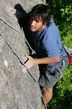 Javier Morales top rope climbing She's No Dog, She's My Wife (5.11b), shot from the top of Ack! (5.11b, but using the crack for the start instead) that I top roped up with my camera on my back.  It was another long day of rock climbing at Seismic Wall on Austin's Barton Creek Greenbelt, Sunday, April 5, 2009.

Filename: SRM_20090405_16483460.jpg
Aperture: f/9.0
Shutter Speed: 1/500
Body: Canon EOS-1D Mark II
Lens: Canon EF 80-200mm f/2.8 L