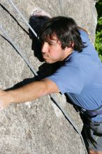 Javier Morales top rope climbing She's No Dog, She's My Wife (5.11b), shot from the top of Ack! (5.11b, but using the crack for the start instead) that I top roped up with my camera on my back.  It was another long day of rock climbing at Seismic Wall on Austin's Barton Creek Greenbelt, Sunday, April 5, 2009.

Filename: SRM_20090405_16483661.jpg
Aperture: f/8.0
Shutter Speed: 1/500
Body: Canon EOS-1D Mark II
Lens: Canon EF 80-200mm f/2.8 L