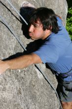 Javier Morales top rope climbing She's No Dog, She's My Wife (5.11b), shot from the top of Ack! (5.11b, but using the crack for the start instead) that I top roped up with my camera on my back.  It was another long day of rock climbing at Seismic Wall on Austin's Barton Creek Greenbelt, Sunday, April 5, 2009.

Filename: SRM_20090405_16483662.jpg
Aperture: f/9.0
Shutter Speed: 1/500
Body: Canon EOS-1D Mark II
Lens: Canon EF 80-200mm f/2.8 L