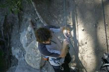 Andrew Dreher getting ready to belay me on top rope up Lick the Window (5.10c), shot by Javier Morales from the top of Ack! (5.11b, but using the crack for the start instead) that I top roped up with my camera on my back.  It was another long day of rock climbing at Seismic Wall on Austin's Barton Creek Greenbelt, Sunday, April 5, 2009.

Filename: SRM_20090405_17143181.jpg
Aperture: f/2.8
Shutter Speed: 1/400
Body: Canon EOS-1D Mark II
Lens: Canon EF 80-200mm f/2.8 L