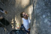 Me top roping Lick the Window (5.10c), shot by Javier Morales from the top of Ack! (5.11b, but using the crack for the start instead) that I top roped up with my camera on my back.  It was another long day of rock climbing at Seismic Wall on Austin's Barton Creek Greenbelt, Sunday, April 5, 2009.

Filename: SRM_20090405_17173484.jpg
Aperture: f/3.2
Shutter Speed: 1/400
Body: Canon EOS-1D Mark II
Lens: Canon EF 80-200mm f/2.8 L