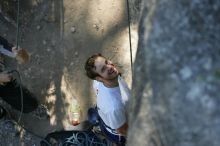 Me top roping Lick the Window (5.10c), shot by Javier Morales from the top of Ack! (5.11b, but using the crack for the start instead) that I top roped up with my camera on my back.  It was another long day of rock climbing at Seismic Wall on Austin's Barton Creek Greenbelt, Sunday, April 5, 2009.

Filename: SRM_20090405_17173585.jpg
Aperture: f/3.2
Shutter Speed: 1/400
Body: Canon EOS-1D Mark II
Lens: Canon EF 80-200mm f/2.8 L