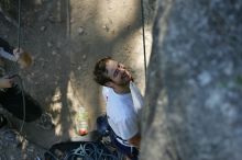 Me top roping Lick the Window (5.10c), shot by Javier Morales from the top of Ack! (5.11b, but using the crack for the start instead) that I top roped up with my camera on my back.  It was another long day of rock climbing at Seismic Wall on Austin's Barton Creek Greenbelt, Sunday, April 5, 2009.

Filename: SRM_20090405_17173586.jpg
Aperture: f/3.2
Shutter Speed: 1/400
Body: Canon EOS-1D Mark II
Lens: Canon EF 80-200mm f/2.8 L