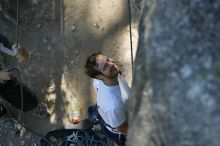 Me top roping Lick the Window (5.10c), shot by Javier Morales from the top of Ack! (5.11b, but using the crack for the start instead) that I top roped up with my camera on my back.  It was another long day of rock climbing at Seismic Wall on Austin's Barton Creek Greenbelt, Sunday, April 5, 2009.

Filename: SRM_20090405_17173586.jpg
Aperture: f/3.2
Shutter Speed: 1/400
Body: Canon EOS-1D Mark II
Lens: Canon EF 80-200mm f/2.8 L