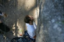 Me top roping Lick the Window (5.10c), shot by Javier Morales from the top of Ack! (5.11b, but using the crack for the start instead) that I top roped up with my camera on my back.  It was another long day of rock climbing at Seismic Wall on Austin's Barton Creek Greenbelt, Sunday, April 5, 2009.

Filename: SRM_20090405_17173588.jpg
Aperture: f/3.5
Shutter Speed: 1/400
Body: Canon EOS-1D Mark II
Lens: Canon EF 80-200mm f/2.8 L