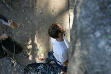 Me top roping Lick the Window (5.10c), shot by Javier Morales from the top of Ack! (5.11b, but using the crack for the start instead) that I top roped up with my camera on my back.  It was another long day of rock climbing at Seismic Wall on Austin's Barton Creek Greenbelt, Sunday, April 5, 2009.

Filename: SRM_20090405_17173692.jpg
Aperture: f/3.2
Shutter Speed: 1/400
Body: Canon EOS-1D Mark II
Lens: Canon EF 80-200mm f/2.8 L