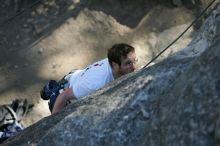 Me top roping Lick the Window (5.10c), shot by Javier Morales from the top of Ack! (5.11b, but using the crack for the start instead) that I top roped up with my camera on my back.  It was another long day of rock climbing at Seismic Wall on Austin's Barton Creek Greenbelt, Sunday, April 5, 2009.

Filename: SRM_20090405_17181500.jpg
Aperture: f/3.5
Shutter Speed: 1/400
Body: Canon EOS-1D Mark II
Lens: Canon EF 80-200mm f/2.8 L