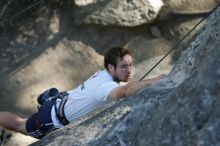 Me top roping Lick the Window (5.10c), shot by Javier Morales from the top of Ack! (5.11b, but using the crack for the start instead) that I top roped up with my camera on my back.  It was another long day of rock climbing at Seismic Wall on Austin's Barton Creek Greenbelt, Sunday, April 5, 2009.

Filename: SRM_20090405_17181503.jpg
Aperture: f/3.2
Shutter Speed: 1/400
Body: Canon EOS-1D Mark II
Lens: Canon EF 80-200mm f/2.8 L