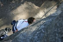 Me top roping Lick the Window (5.10c), shot by Javier Morales from the top of Ack! (5.11b, but using the crack for the start instead) that I top roped up with my camera on my back.  It was another long day of rock climbing at Seismic Wall on Austin's Barton Creek Greenbelt, Sunday, April 5, 2009.

Filename: SRM_20090405_17181599.jpg
Aperture: f/3.5
Shutter Speed: 1/400
Body: Canon EOS-1D Mark II
Lens: Canon EF 80-200mm f/2.8 L