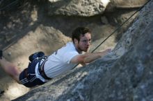 Me top roping Lick the Window (5.10c), shot by Javier Morales from the top of Ack! (5.11b, but using the crack for the start instead) that I top roped up with my camera on my back.  It was another long day of rock climbing at Seismic Wall on Austin's Barton Creek Greenbelt, Sunday, April 5, 2009.

Filename: SRM_20090405_17181604.jpg
Aperture: f/3.5
Shutter Speed: 1/400
Body: Canon EOS-1D Mark II
Lens: Canon EF 80-200mm f/2.8 L