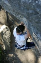 Me top roping Lick the Window (5.10c), shot by Javier Morales from the top of Ack! (5.11b, but using the crack for the start instead) that I top roped up with my camera on my back.  It was another long day of rock climbing at Seismic Wall on Austin's Barton Creek Greenbelt, Sunday, April 5, 2009.

Filename: SRM_20090405_17182018.jpg
Aperture: f/3.2
Shutter Speed: 1/400
Body: Canon EOS-1D Mark II
Lens: Canon EF 80-200mm f/2.8 L