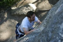 Me top roping Lick the Window (5.10c), shot by Javier Morales from the top of Ack! (5.11b, but using the crack for the start instead) that I top roped up with my camera on my back.  It was another long day of rock climbing at Seismic Wall on Austin's Barton Creek Greenbelt, Sunday, April 5, 2009.

Filename: SRM_20090405_17182120.jpg
Aperture: f/3.2
Shutter Speed: 1/400
Body: Canon EOS-1D Mark II
Lens: Canon EF 80-200mm f/2.8 L