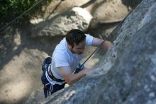 Me top roping Lick the Window (5.10c), shot by Javier Morales from the top of Ack! (5.11b, but using the crack for the start instead) that I top roped up with my camera on my back.  It was another long day of rock climbing at Seismic Wall on Austin's Barton Creek Greenbelt, Sunday, April 5, 2009.

Filename: SRM_20090405_17182425.jpg
Aperture: f/3.2
Shutter Speed: 1/400
Body: Canon EOS-1D Mark II
Lens: Canon EF 80-200mm f/2.8 L