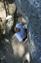 Me top roping Lick the Window (5.10c), shot by Javier Morales from the top of Ack! (5.11b, but using the crack for the start instead) that I top roped up with my camera on my back.  It was another long day of rock climbing at Seismic Wall on Austin's Barton Creek Greenbelt, Sunday, April 5, 2009.

Filename: SRM_20090405_17184838.jpg
Aperture: f/3.5
Shutter Speed: 1/400
Body: Canon EOS-1D Mark II
Lens: Canon EF 80-200mm f/2.8 L