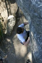 Me top roping Lick the Window (5.10c), shot by Javier Morales from the top of Ack! (5.11b, but using the crack for the start instead) that I top roped up with my camera on my back.  It was another long day of rock climbing at Seismic Wall on Austin's Barton Creek Greenbelt, Sunday, April 5, 2009.

Filename: SRM_20090405_17184939.jpg
Aperture: f/3.2
Shutter Speed: 1/400
Body: Canon EOS-1D Mark II
Lens: Canon EF 80-200mm f/2.8 L