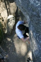 Me top roping Lick the Window (5.10c), shot by Javier Morales from the top of Ack! (5.11b, but using the crack for the start instead) that I top roped up with my camera on my back.  It was another long day of rock climbing at Seismic Wall on Austin's Barton Creek Greenbelt, Sunday, April 5, 2009.

Filename: SRM_20090405_17185643.jpg
Aperture: f/3.5
Shutter Speed: 1/400
Body: Canon EOS-1D Mark II
Lens: Canon EF 80-200mm f/2.8 L