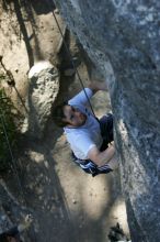 Me top roping Lick the Window (5.10c), shot by Javier Morales from the top of Ack! (5.11b, but using the crack for the start instead) that I top roped up with my camera on my back.  It was another long day of rock climbing at Seismic Wall on Austin's Barton Creek Greenbelt, Sunday, April 5, 2009.

Filename: SRM_20090405_17185745.jpg
Aperture: f/3.5
Shutter Speed: 1/400
Body: Canon EOS-1D Mark II
Lens: Canon EF 80-200mm f/2.8 L