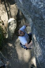 Me top roping Lick the Window (5.10c), shot by Javier Morales from the top of Ack! (5.11b, but using the crack for the start instead) that I top roped up with my camera on my back.  It was another long day of rock climbing at Seismic Wall on Austin's Barton Creek Greenbelt, Sunday, April 5, 2009.

Filename: SRM_20090405_17185746.jpg
Aperture: f/3.5
Shutter Speed: 1/400
Body: Canon EOS-1D Mark II
Lens: Canon EF 80-200mm f/2.8 L