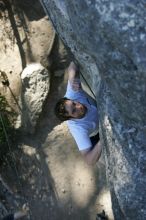 Me top roping Lick the Window (5.10c), shot by Javier Morales from the top of Ack! (5.11b, but using the crack for the start instead) that I top roped up with my camera on my back.  It was another long day of rock climbing at Seismic Wall on Austin's Barton Creek Greenbelt, Sunday, April 5, 2009.

Filename: SRM_20090405_17185747.jpg
Aperture: f/3.2
Shutter Speed: 1/400
Body: Canon EOS-1D Mark II
Lens: Canon EF 80-200mm f/2.8 L