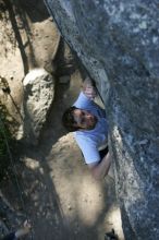 Me top roping Lick the Window (5.10c), shot by Javier Morales from the top of Ack! (5.11b, but using the crack for the start instead) that I top roped up with my camera on my back.  It was another long day of rock climbing at Seismic Wall on Austin's Barton Creek Greenbelt, Sunday, April 5, 2009.

Filename: SRM_20090405_17185848.jpg
Aperture: f/3.5
Shutter Speed: 1/400
Body: Canon EOS-1D Mark II
Lens: Canon EF 80-200mm f/2.8 L