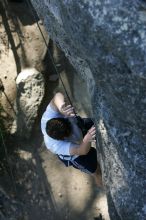 Me top roping Lick the Window (5.10c), shot by Javier Morales from the top of Ack! (5.11b, but using the crack for the start instead) that I top roped up with my camera on my back.  It was another long day of rock climbing at Seismic Wall on Austin's Barton Creek Greenbelt, Sunday, April 5, 2009.

Filename: SRM_20090405_17190161.jpg
Aperture: f/3.5
Shutter Speed: 1/400
Body: Canon EOS-1D Mark II
Lens: Canon EF 80-200mm f/2.8 L